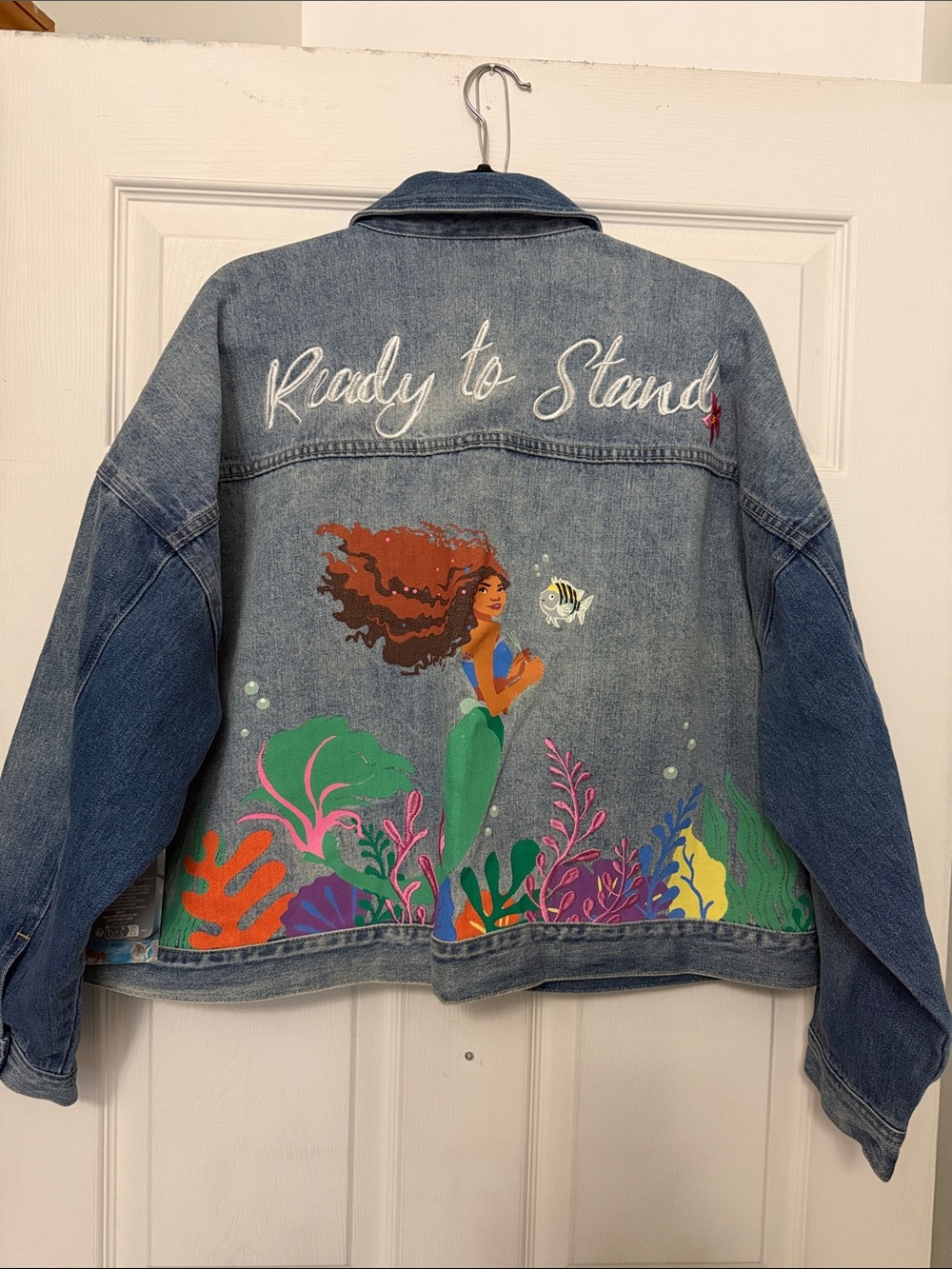 Disney Blue Denim Jean Jacket with Colorful Mermaid Back Art